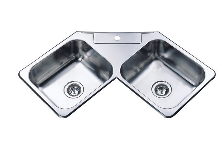 1100mm Corner Double Bowl Stainless Steel Inset Kitchen Sink - PeakReno