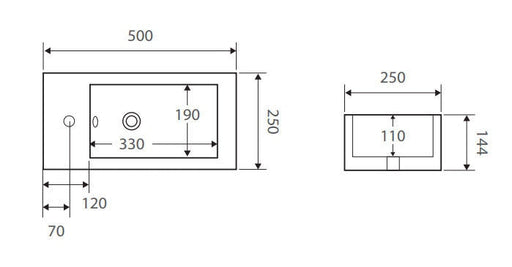 Bliss 500x250mm Wall Hung Basin (Left or Right Hand Bowl) - PeakReno