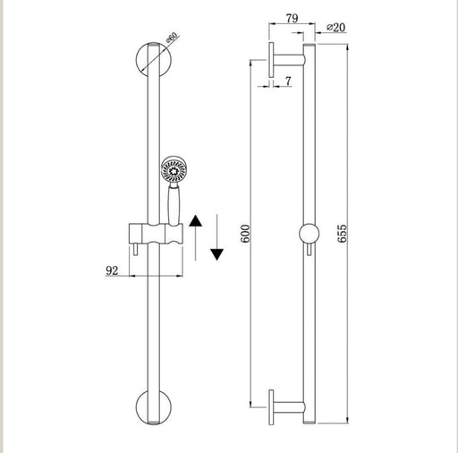 Classic 65cms Round Sliding Shower Rail Set - PeakReno