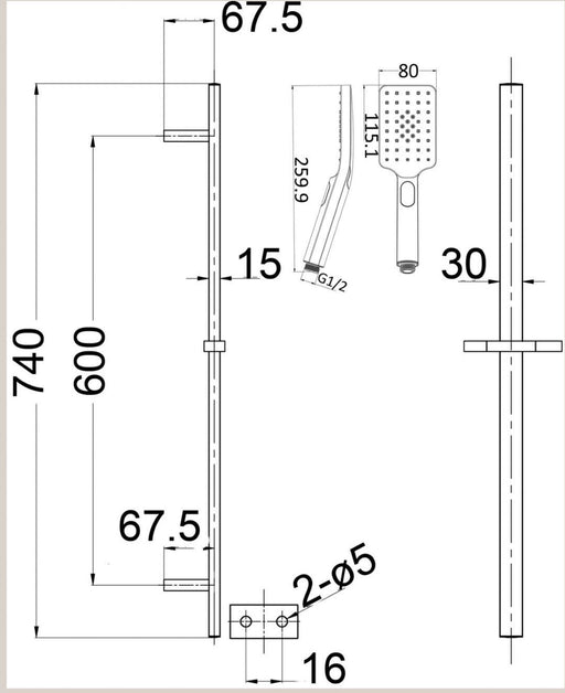 Classic 74cms 3 Functions Square Sliding Shower Rail Set - PeakReno