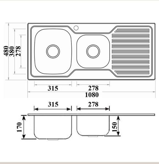 Elite 1080mm Polished Stainless Steel Double Bowl Inset Kitchen Sink - PeakReno