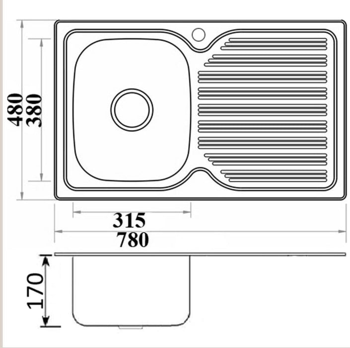 Elite 780mm Polished Stainless Steel Single Bowl Inset Kitchen Sink - PeakReno