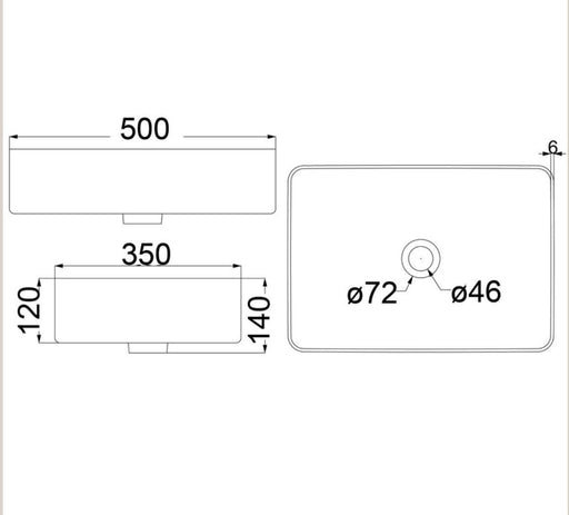 Ikon Ultra Thin Edge Artistic 500mm Rectangular Above Counter Basin - PeakReno