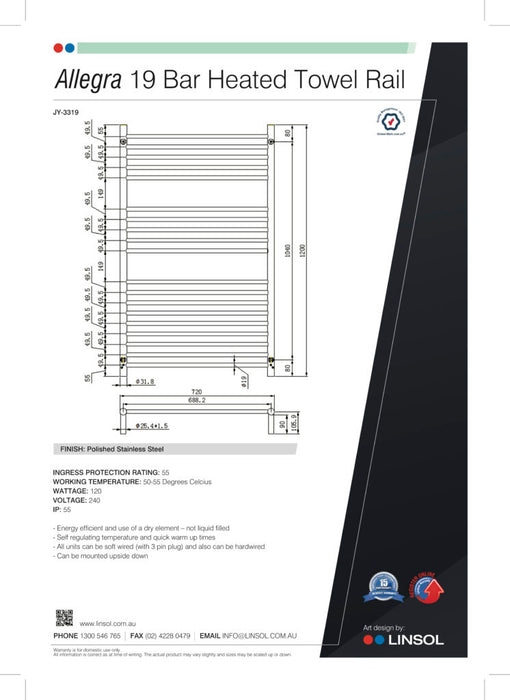 Linsol Allegra 19 Bars Heated Towel Rail - PeakReno