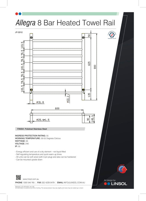 Linsol Allegra 8 Bars Heated Towel Rail - PeakReno