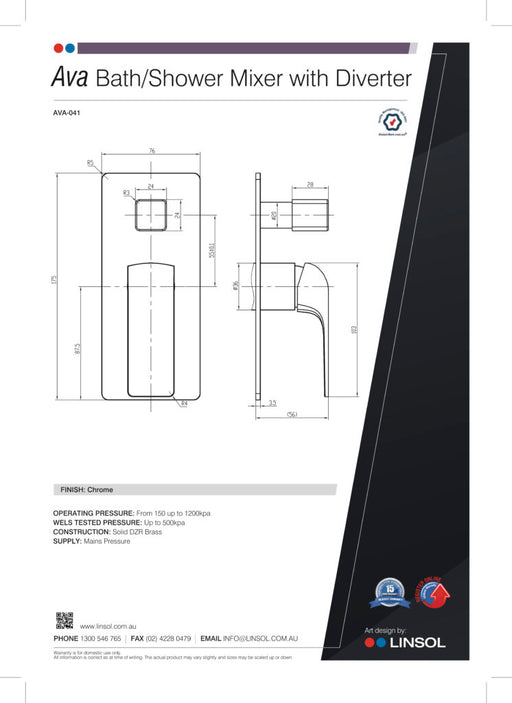 Linsol Ava Shower & Wall Mixer Diverter - PeakReno