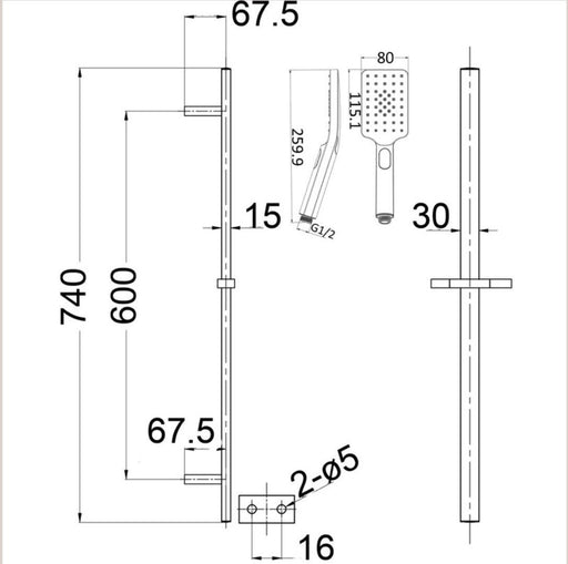 Prestige 74cms Matt Black Square Sliding Shower Rail Set - PeakReno