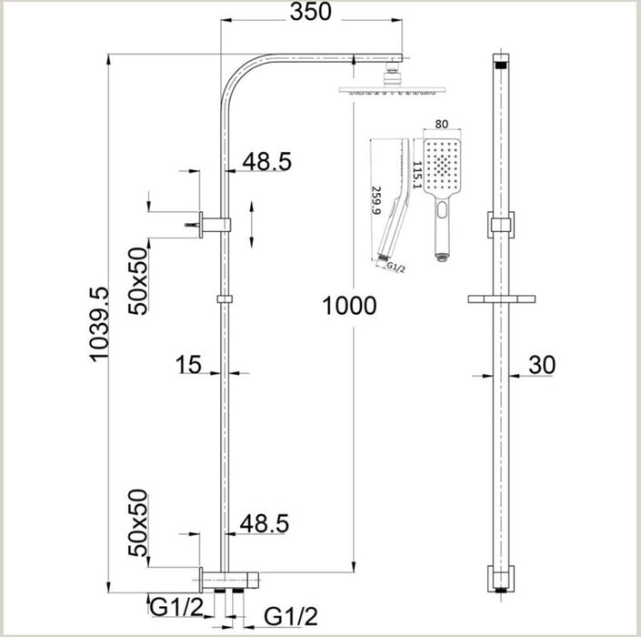 Rosa Square ( 2 Hoses ) Rail Twin Shower Set - PeakReno