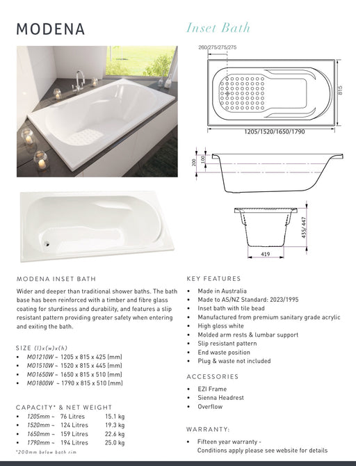 Decina Modena 1650mm Inset Bath - PeakReno